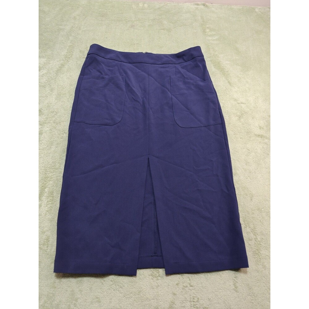 Simply Styled Womens 12 Navy Blue Midi Skirt Front Slit Casual Stretch Career